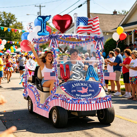Patriotic Golf Cart Decorations Kit For 4th Of July And 250th Anniversary Includes USA Foil Balloons Pennant Flags on parade golf cart
