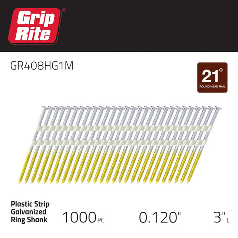 21 Degree Round Head Framing Nails 3 Inch By.120 Inch Plastic Strip, Ring Shank, Galvanized, Exterior-Grade For Most 21 Degree Nailers, 1000 Count In Plastic Tub