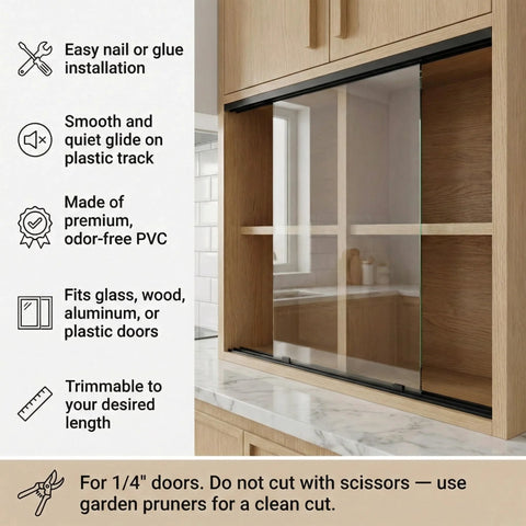 4 Sets 4 Ft Sliding Door Track System With Durable Plastic Build For One Quarter Inch Door Panels Suitable For Glass Cabinet Or Closet Doors Easy Installation Low Noise U Channel Hardware Set Black installed in a cabinet.
