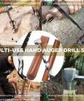 Heavy Duty Hand Auger Wood Drill for Bushcraft and Camping with Beefed Up Welds Hex Head, shown with saw and wrench.