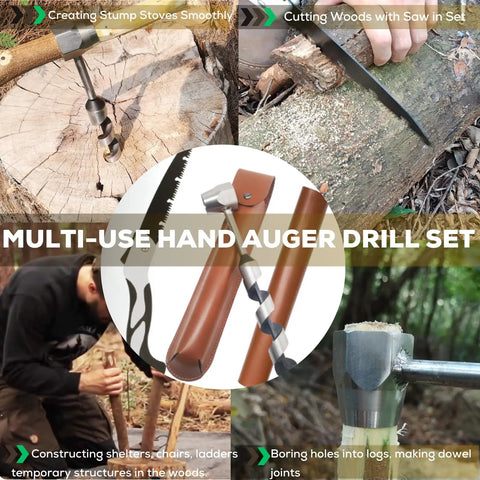 Heavy Duty Hand Auger Wood Drill for Bushcraft and Camping with Beefed Up Welds Hex Head, shown with saw and wrench.