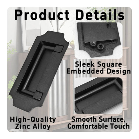 Product details of Hidden Drawer Ring Pull Handles 2 Pack 4 Inch Zinc Alloy Square Embedded Cabinet Door Knobs with sleek black finish.