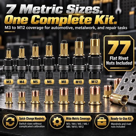 Top Shelf Gcr15 Carbon Steel Rivet Nut Tool Kit With Dual Bearing Shafts And Complete M3 To M12 Mandrel Set showing mandrels and nuts.