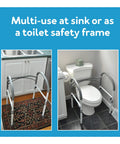 Adjustable Detachable Toilet Safety Rails With Non Slip Grab Bar pictured by a toilet and sink showing versatility in use.