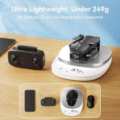 4K Camera Drone For Beginners With 90 Degree Adjustable Lens Foldable Quadcopter on scale showing weight under 249 grams