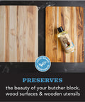 Fractionated Coconut Oil Cutting Board Oil For Kitchen Counters, Butcher Blocks, Wooden Bowls And Utensils, Food Safe bottle on board.