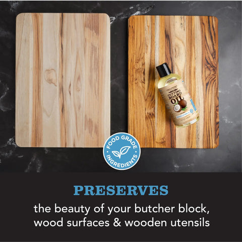Fractionated Coconut Oil Cutting Board Oil For Kitchen Counters, Butcher Blocks, Wooden Bowls And Utensils, Food Safe bottle on board.