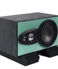 Studio Monitor Isolation Pads For Home Studios, Heavy Duty Acoustic Foam Cushions That Cut Vibration And Rattle, Fits Most 5 to 12 Inch Monitors And Subwoofers shown with monitor on pads