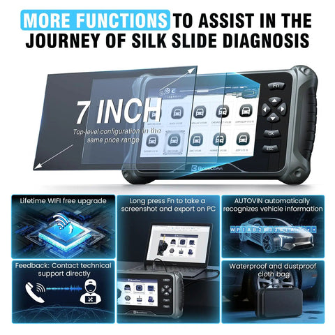IF745 All Systems OBD2 Scanner And Scan Tool With 6 Reset Functions Including ABS Bleed Oil EPB SAS Throttle Battery Full Diagnostic Code Reader For Cars And Trucks Lifetime Free Updates And Auto VIN displayed with features and screen.