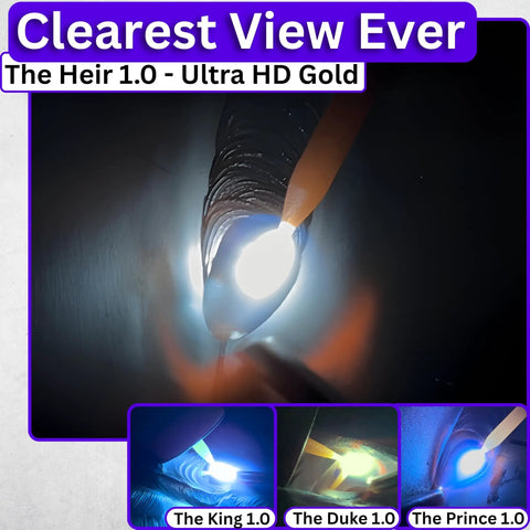 Welding scene with bright arc and multiple lens views labeled The Heir 1.0 Ultra HD Gold, The King 1.0, The Duke 1.0, The Prince 1.0.
