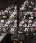 Dark Floral Peel And Stick Wallpaper Roll 24x354 Inches Black Background With White Purple Pink Roses Wall Mural in a bar area