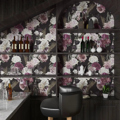 Dark Floral Peel And Stick Wallpaper Roll 24x354 Inches Black Background With White Purple Pink Roses Wall Mural in a bar area