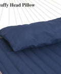 Close-up of navy blue head pillow on a freestanding hammock with quilted polyester fabric, part of a Navy Blue Free Standing Outdoor Hammock Set.