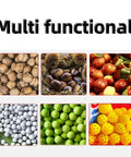 Multifunctional use image with walnuts, chestnuts, various small fruits, golf balls, tennis balls, and yellow practice balls.