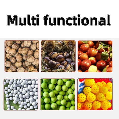 Multifunctional use image with walnuts, chestnuts, various small fruits, golf balls, tennis balls, and yellow practice balls.