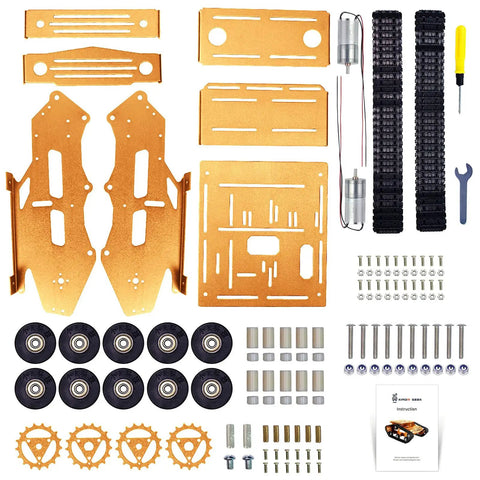 Rock Solid Aluminum Alloy Smart Robot Chassis Kit Rolling Smooth with motors, tracks, and assembly parts on white background.