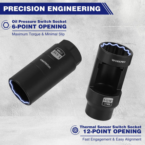 7Pc O2 Oxygen Sensor Socket Set for Auto Repairs showing oil pressure and thermal sensor sockets with openings and labels