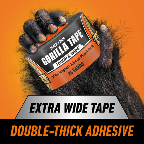 Heavy Duty Black Duct Tape, Extra Wide 2.88 Inch By 25 Yard Roll, Weather Resistant For Indoor Or Outdoor Use, held by gorilla hand