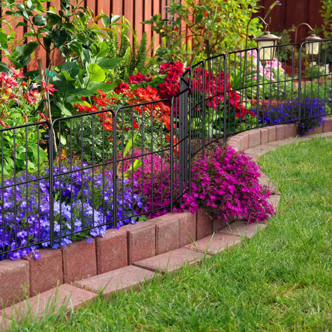 24 Inch Tall Rustproof Metal Garden Fence Panels Set Of 25 Total 27 Feet Long For Landscape Border And Animal Barrier, Square Decorative Edging For Yard Patio And Outdoor Decor, Black Coated Wire installed in a garden setting