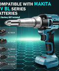 Zuyiyi Cordless Electric Rivet Gun For Makita 18V Battery Bare Tool with brushless motor and metal nozzle, compatible with BL series batteries.