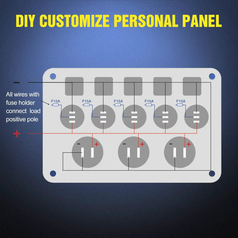 DIY wiring diagram for Five Gang Rocker Switch Panel With Dual USB Charger, LED Voltmeter, 12V 24V On Off SPST Toggle, Waterproof All In One Power Hub For LED Light Bars Rear Rock Lights Trucks RVs Boats 4x4