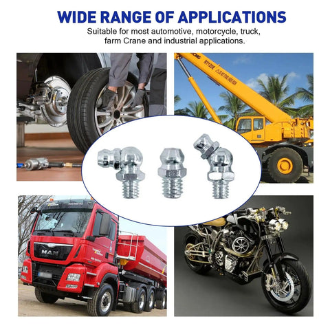 Wide range of applications for 245 Piece Grease Fitting Assortment Kit With SAE And Metric Zerk Fittings, Galvanized Steel