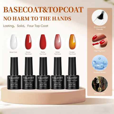 All In One Gel Nail Kit With UV Lamp And Drill Starter Kit 36 Colors Gel Polish Set Including Base Coat Matte Top Coat Glossy Top Coat Glitter Top Coat Golden Top Coat Cuticle Oil And Pro Grade Nail Tools For At Home Salon Quality Manicures showing base and top coats in bottles.