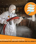 Person wearing Heavy Duty White Disposable Coveralls Worksite Ready Antistatic Protective Suit using spray equipment.