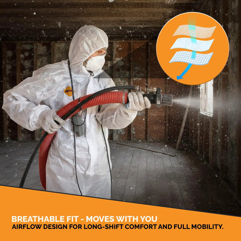 Heavy Duty White Disposable Coveralls For Industrial Work Delivers Tough As Nails Antistatic Defense With Tear Puncture Resistant Fabric worn by worker using spray hose.