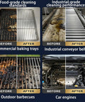 Before and after cleaning results of commercial baking trays, industrial conveyor belts, outdoor barbecues, and car engines.