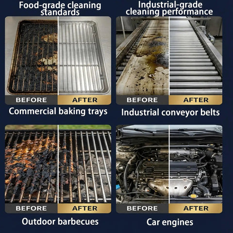 Before and after cleaning results of commercial baking trays, industrial conveyor belts, outdoor barbecues, and car engines.
