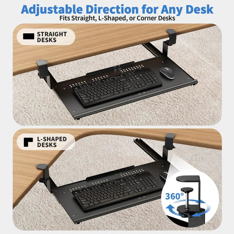 Under Desk Keyboard Tray That Slides Out Like A Boss Full Metal Build Rust Resistant And Scratch Proof Double C Clamps 26x13 Inch Tray For L Shape And Regular Desks Great For Standing Or Sitting Workstations Black showing adjustable direction for straight and L-shaped desks.