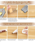 Instructions for using No Sweat Quick Fix Do It Yourself Laminate Floor Repair Kit With Heat Pen and touch up marker.