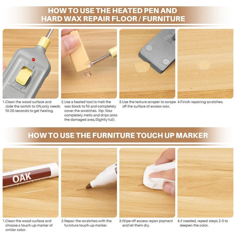 Instructions for using No Sweat Quick Fix Do It Yourself Laminate Floor Repair Kit With Heat Pen and touch up marker.