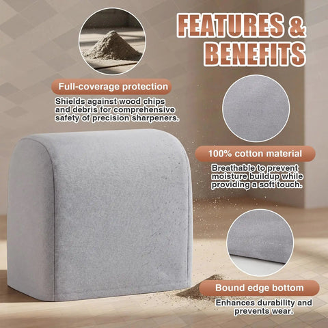 Top Shelf Two Pack Bench Grinder Covers Made From Soft Grey Cotton For Straight Up Dust Shield And Shop Ready Protection Featuring A No Sweat Universal Fit Sized At 14.5 By 14.5 By 10 Inches, showing features and cotton material.