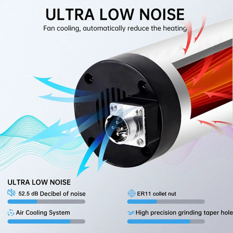 Air Cooled 800W CNC Spindle Motor 220V ER11 65mm, 0-24000 RPM, ultra low noise, detailed view of air cooling system and ER11 collet nut.