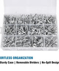 Pop Rivets Assortment Kit With 600 Pieces, 15 Sizes, Dome Head Blind Rivets in a clear case with removable dividers