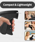 Portable Handheld Stitch Gun For Quick Hemming And Emergency Garment Repairs Includes Black And White Plastic Fasteners Plus Six Heavy Duty Needles A No Sweat Quick Fix Hero That Masters Any Wardrobe Emergency On The Fly held in hand with dimensions shown.