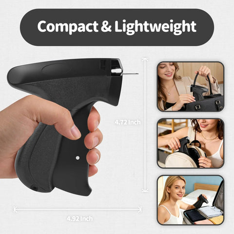 Portable Handheld Stitch Gun For Quick Hemming And Emergency Garment Repairs Includes Black And White Plastic Fasteners Plus Six Heavy Duty Needles A No Sweat Quick Fix Hero That Masters Any Wardrobe Emergency On The Fly held in hand with dimensions shown.