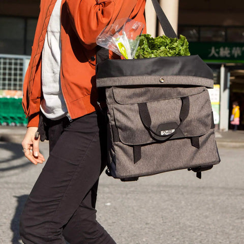 Person carrying 4 In 1 Dayliner Box Bag 20 Liter Water Resistant Rolltop with shoulder strap, filled with groceries.