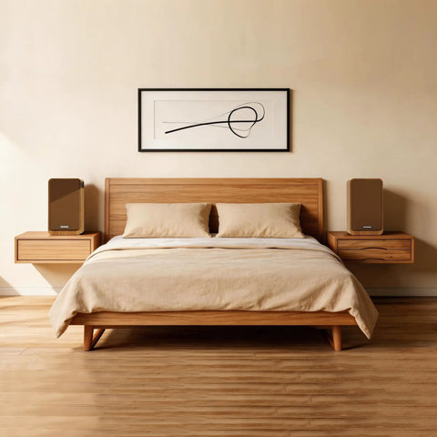 Bookshelf Studio Monitor Speakers 36W RMS Active Bluetooth 5.4 Wireless USB Audio on bedside tables in modern bedroom