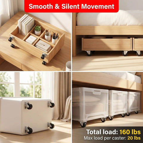12 Pack Mini Rigid Caster Wheels Low Profile Non Swivel Fixed Casters For Furniture Drawers And Under Bed Storage in use on storage boxes.