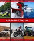 Collage showing a lawn mover, snow blower, watercraft, vehicle, motorcycle, and tractor emphasizing versatile use for a gas transfer pump.