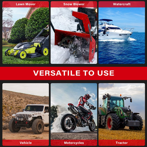 Collage showing a lawn mover, snow blower, watercraft, vehicle, motorcycle, and tractor emphasizing versatile use for a gas transfer pump.