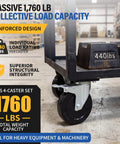 No Nonsense Heavy Duty Scaffolding Casters 5 Inch with Dual Lock Brakes shown in use carrying 440 lbs weights on a sturdy cart.