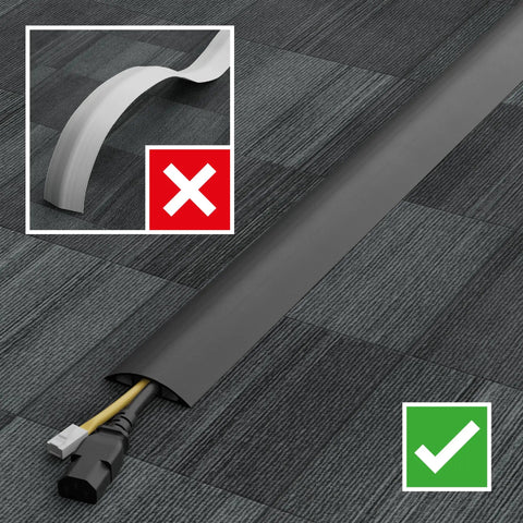 Heavy duty 6ft floor cord cover cable protector for home and office, black flexible PVC, showing safe cable management on carpet