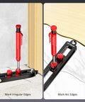Slick Aluminum Alloy Scriber Tool With Dual Purpose Woodworking Compass And Circle Marking Gauge Showing Dead On Scale Readings and Secure Twist Lock Knobs Plus Six Tough Carpenter Pencil Refills on irregular and arc edges.