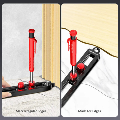 Slick Aluminum Alloy Scriber Tool With Dual Purpose Woodworking Compass And Circle Marking Gauge Showing Dead On Scale Readings and Secure Twist Lock Knobs Plus Six Tough Carpenter Pencil Refills on irregular and arc edges.