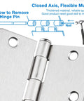 Diagram of satin nickel hinge with instructions for removing hinge pin, part of 18 Pack Satin Nickel Interior Door Hinges 3.5 Inch By 3.5 Inch One Quarter Inch Radius Brushed Nickel Finish For Doors Bedrooms Cabinets And Bifold Residential Use.