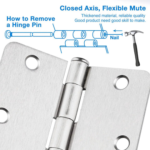Diagram of satin nickel hinge with instructions for removing hinge pin, part of 18 Pack Satin Nickel Interior Door Hinges 3.5 Inch By 3.5 Inch One Quarter Inch Radius Brushed Nickel Finish For Doors Bedrooms Cabinets And Bifold Residential Use.
